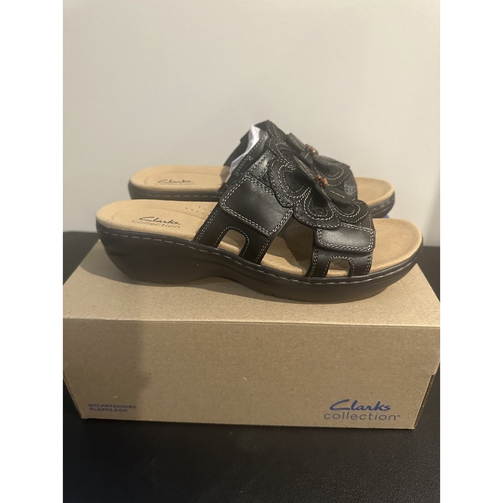 Clarks Collection Merliah2 Belle 9 Black Leather Floral Slide Sandals 26181720 - Picture 2 of 11